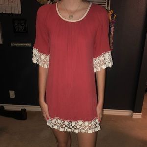 Burnt orange dress with lace cream sleeves